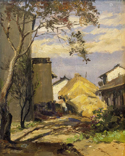 朱士杰（1900～1990） 1953年作 农村小景 纸板油画