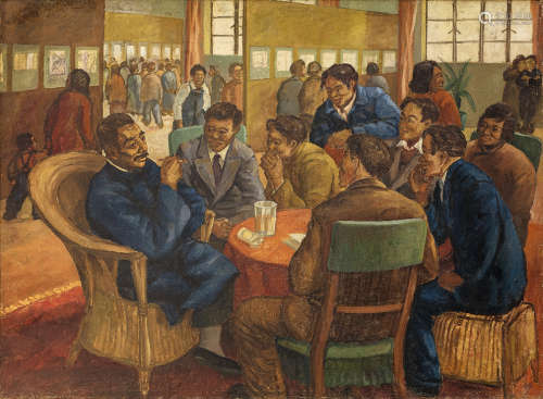 郑野夫（1909～1973） 1950年作 鲁迅与青年木刻家 布面油画