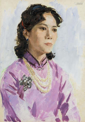 任之玉（b.1932） 1970年作 带珍珠项链的女人 布面油画