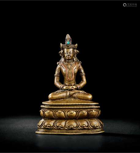 十四世纪 西藏合金铜错银及红铜无量寿佛坐像