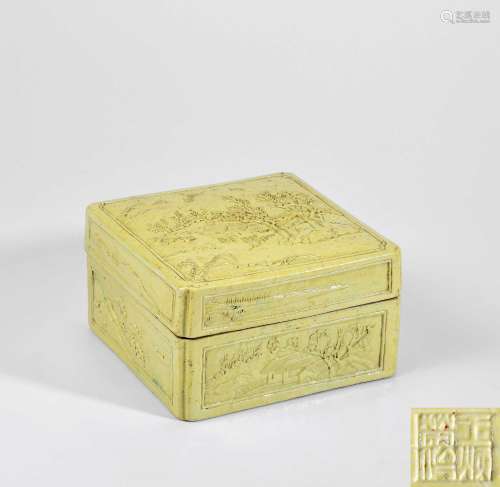 清道光 雕瓷黄釉山水人物盖盒