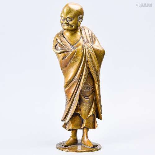 A Fine Silver-Inlaid Bronze Figure Of Luohan