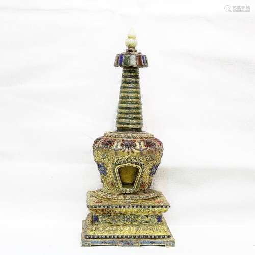 A Fine Gilt Bronze Gemstone-Inlaid Stupa