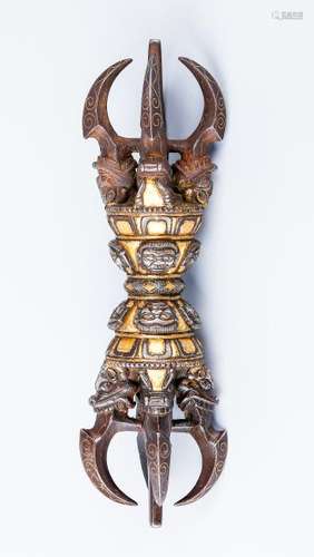 A Chinese Tibetan Partly Gilt Bronze Vajra