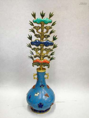 A Fine Cloisonne Enamel Gemstone-Inlaid Vase