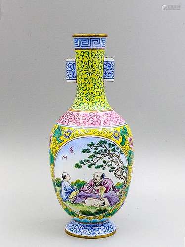 A Rare Painted Enamel 'Figure' Vase