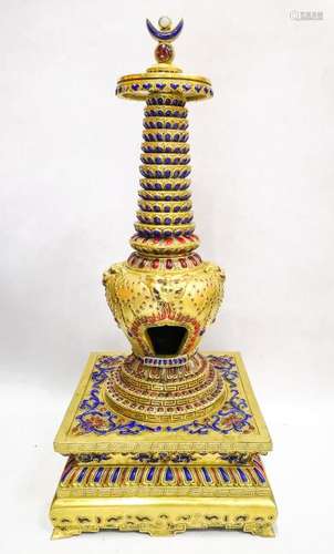 A Fine Gilt Copper Gemstone-Inlaid Stupa