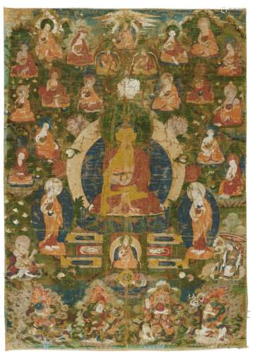 THANGKA OF BUDDHA SHAKYAMUNI WITH THE 16 ARHAT.