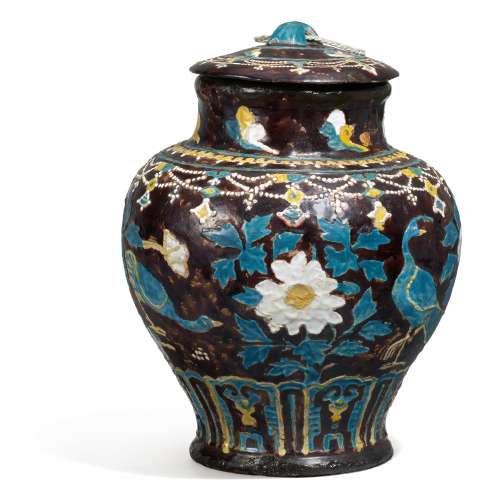 RARE FAHUA COVERED VASE WITH PEACOCK AND PEONIES.