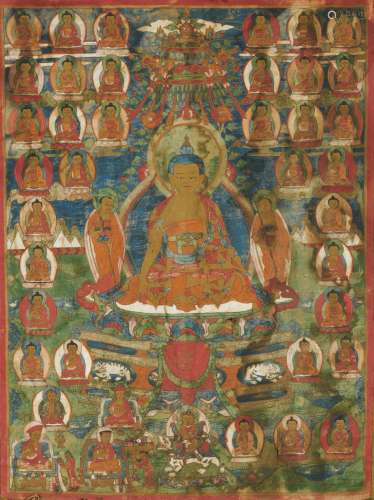 THANGKA OF SHAKYAMUNI AND THE 35 CONFESSION BUDDHAS.