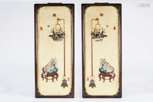 Pair of Chinese hanging panels with carved soapstone decorartions.