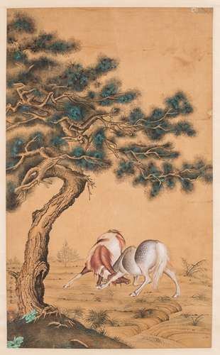 Chinese painting scroll of two horses.