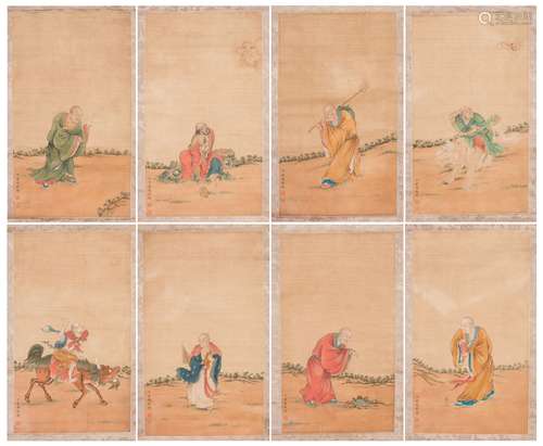 Chinese scrolls of eight luohans.