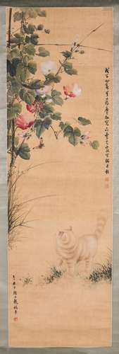 Chinese painting scroll of a cat and flowers.