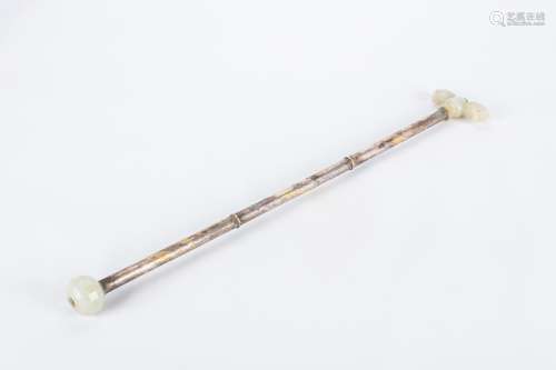 Chinese gilt silver cane with jade handle.