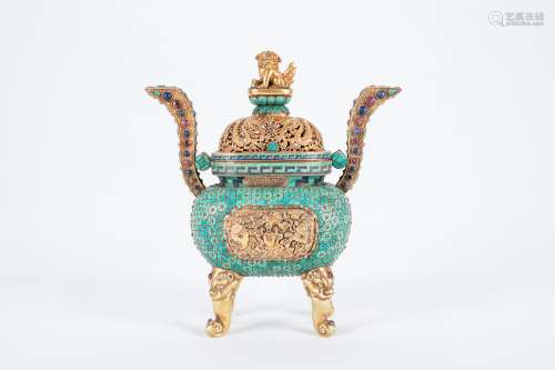Chinese bronze incense burner with semi-precious stones inlaid.