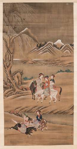 Chinese painting scroll of women on horses.