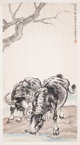 Chinese painting scroll of buffalo.