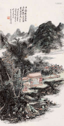 黄宾虹（1861-1955） 1944年作 池阁叙饮 镜心 设色纸本