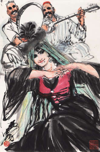 黄胄（1925-1997） 于阗歌舞 立轴 设色纸本