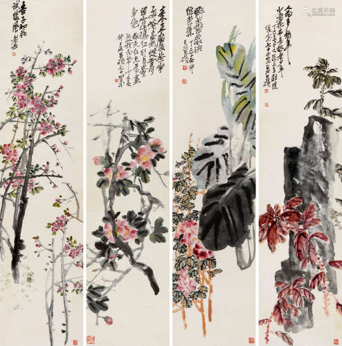 吴昌硕（1844-1927） 1917年作 花卉 四屏镜心 设色纸本