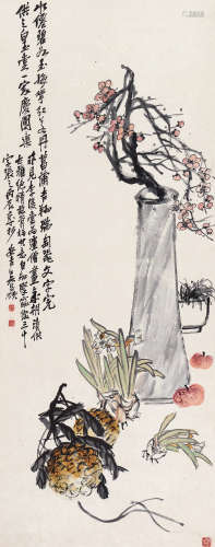 吴昌硕（1844-1927） 1916年作 岁朝清供 立轴 设色纸本