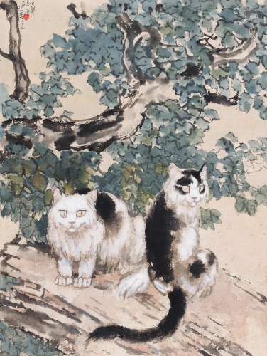 徐悲鸿（1895-1953） 1941年作 桐荫双猫 镜心 设色纸本
