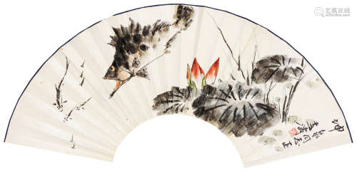 王雪涛（1903～1982） 荷花鳜鱼 扇面 设色纸本