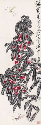 齐白石（1864～1957） 海棠草虫 立轴 设色纸本