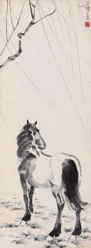 徐悲鸿（1907～1989） 1935年作 柳下立马图 立轴 设色纸本