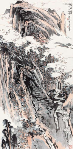 陆俨少（1909～1993） 1980年作 云岩飞瀑 立轴 设色纸本