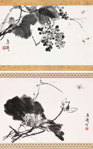 王雪涛（1903～1982） 葡萄蜜蜂*荷花蜻蜓 立轴 水墨纸本、设色纸本