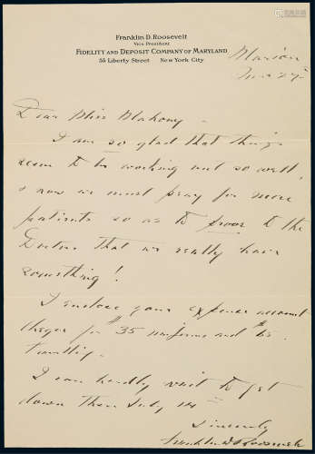 “美国最伟大总统之一”富兰克林·罗斯福（Franklin D. Roosevelt）致私人理疗师的亲笔信