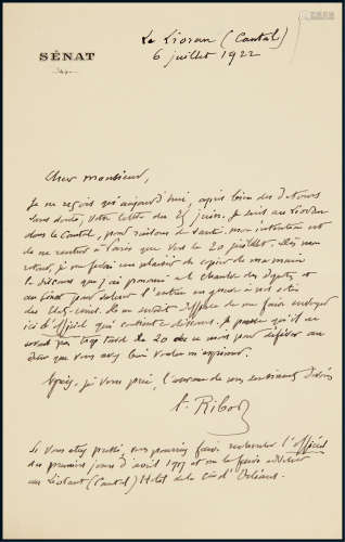 “法国四任总理”亚历山大·里博（Alexandre Ribot）亲笔信