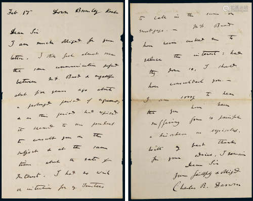“进化论奠基人”查尔斯·达尔文（Charles Darwin）致财务顾问Thomas Salt的亲笔信2页