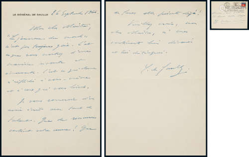“二战法国领袖”夏尔·戴高乐（Charlesde Gaulle）致法国作家保罗·维拉尔有关同性恋话题的亲笔信