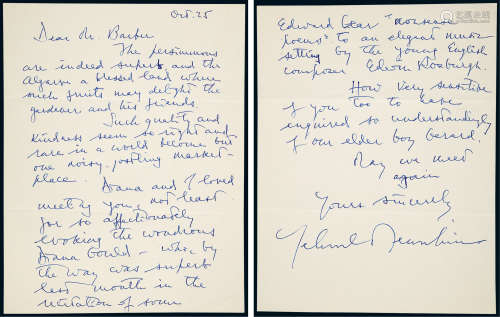 “美国著名小提琴大师”梅纽因（Yehudi Menuhin）亲笔信
