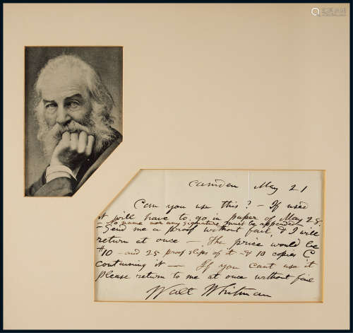 “美国著名诗人”沃尔特·惠特曼（Walt Whitman）亲笔信
