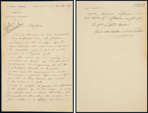 “八里桥伯爵”夏尔·库赞·蒙托邦（Charles Antoine Montauban， Comte de Palikao）亲笔信