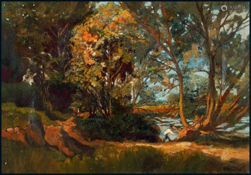 亨利·爱瑟·博内福尔 风景油画《河边浣衣》