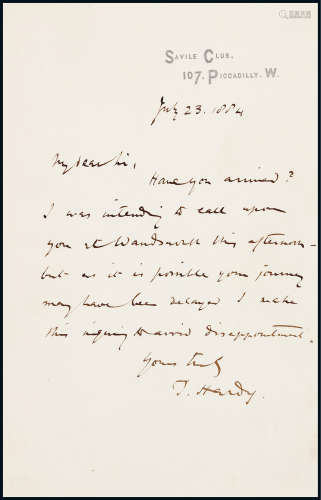 “英国著名作家”托马斯·哈代（Thomas Hardy）亲笔信
