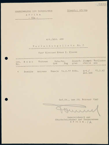 “德国陆军元帅”埃尔温·隆美尔（Erwin Rommel）亲笔签名任命令