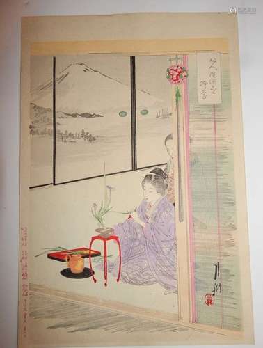 Ogata Gekko. Séance d’Ikebana sur fond de Fuji, 18...