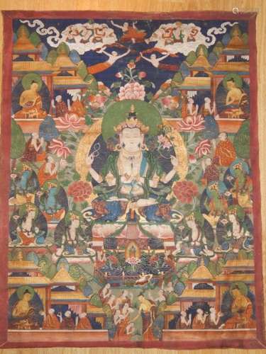 Tangka représentant Avalokiteshenvara, les mains e...