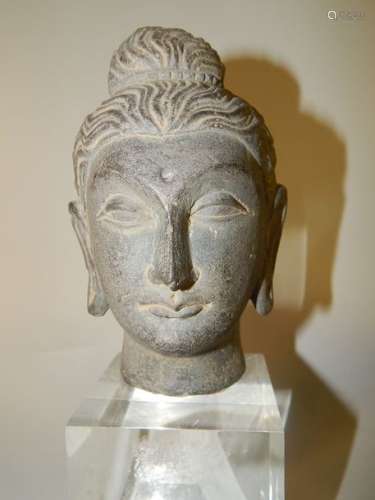 Tête de bouddha en schiste. H : 13 cm. GANDHARA (I...