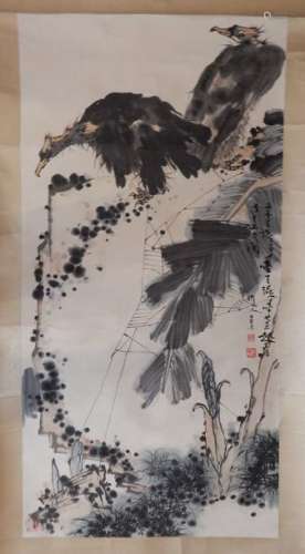Peinture en « kakemono » représentant deux vautour...