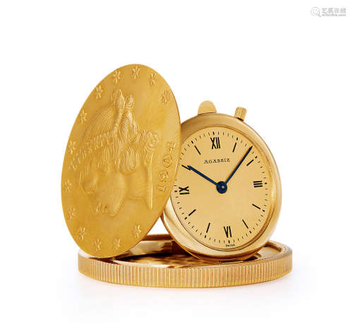 约1960年制 AGASSIZ 18K黄金 表冠上弦金币怀表 20美元金币