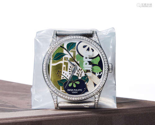 2014年制 百达翡丽 型号5077P 铂金 自动上弦镶钻腕表 掐丝和金箔嵌饰珐琅表盘 未开封