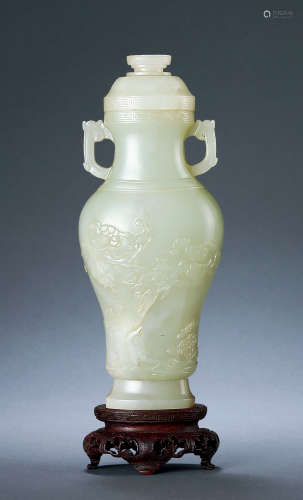 清中期 青白玉浮雕梅石图双耳盖瓶
