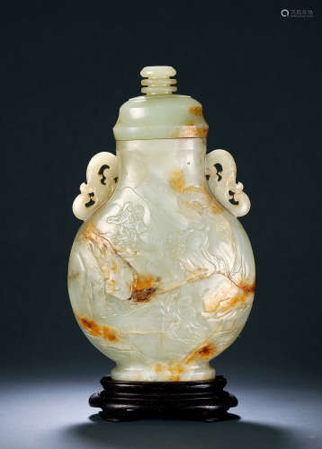 清中期 青白玉带皮浮雕和合二仙盖瓶
